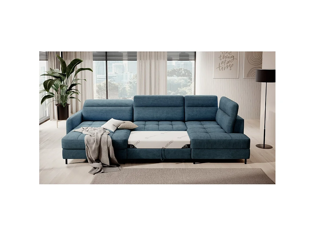 Canapé d'angle convertible BERTHO 306 cm bleu canard – Angle gauche avec coffre