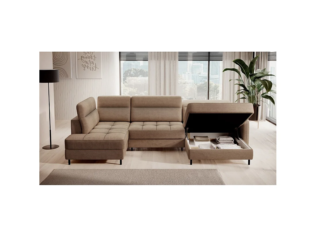 Canapé d'angle convertible BERTHO 306 cm marron clair chenillé – Angle droit avec coffre