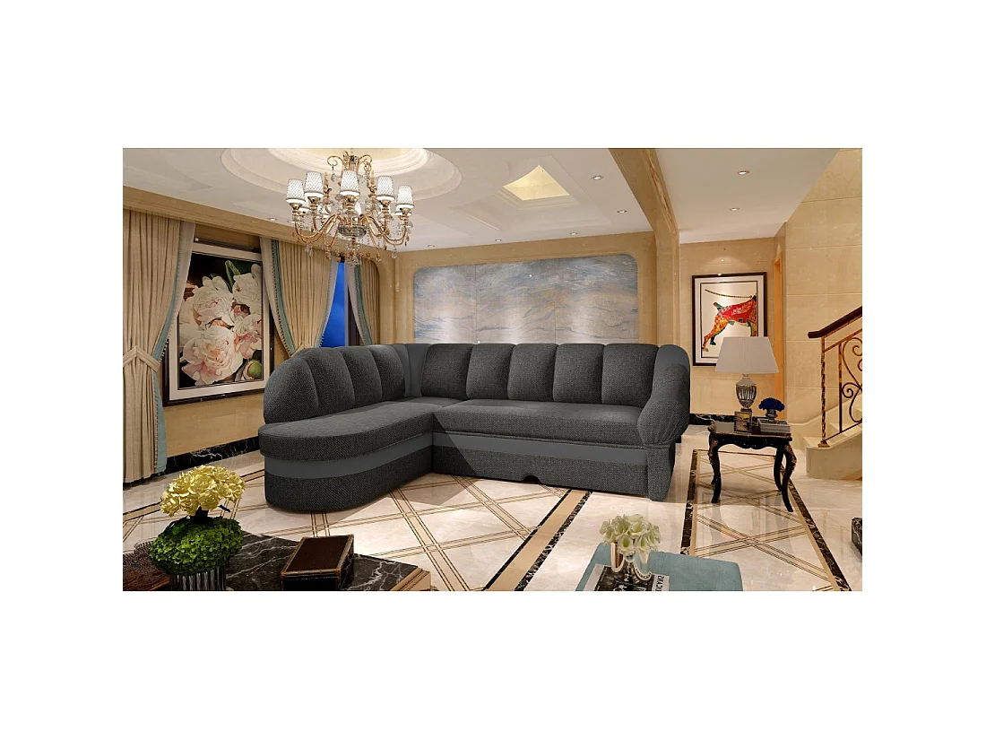 Canapé d'angle gauche convertible BENANA 250 cm gris foncé et noir avec coffre