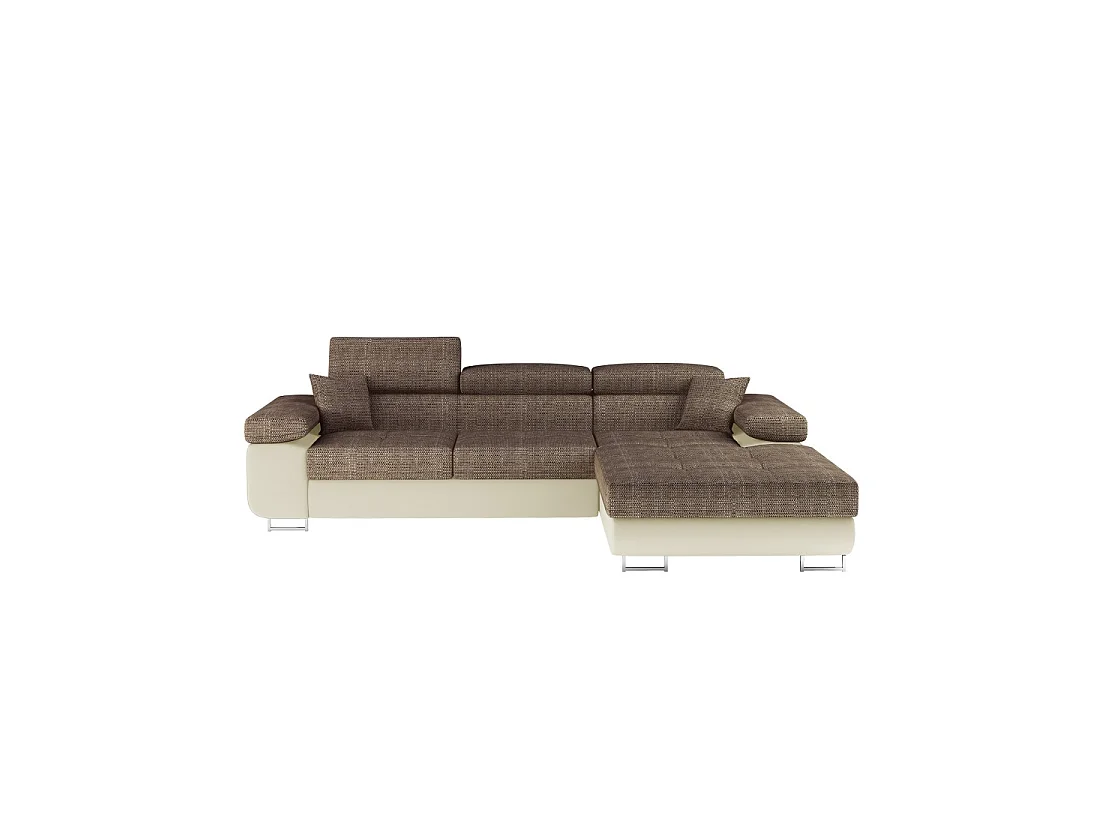 Canapé d'angle convertible AMANDA beige et crème – Tissu effet lin – Angle droit
