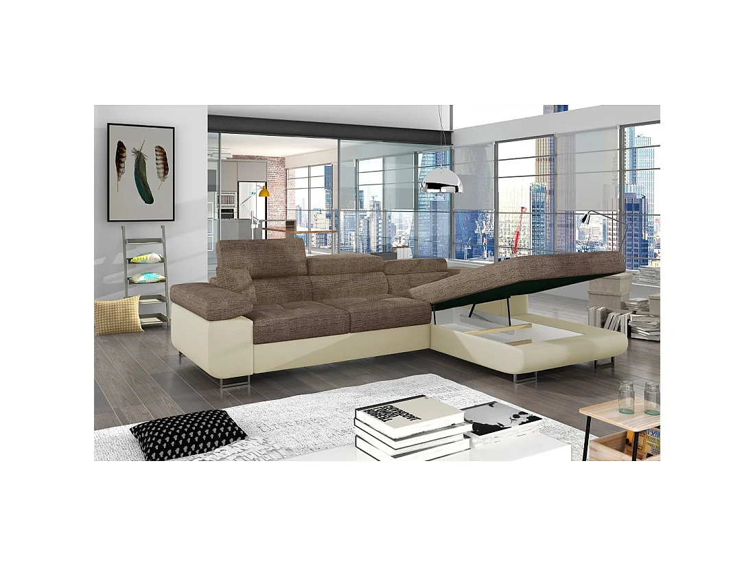 Canapé d'angle convertible AMANDA beige et crème – Tissu effet lin – Angle droit