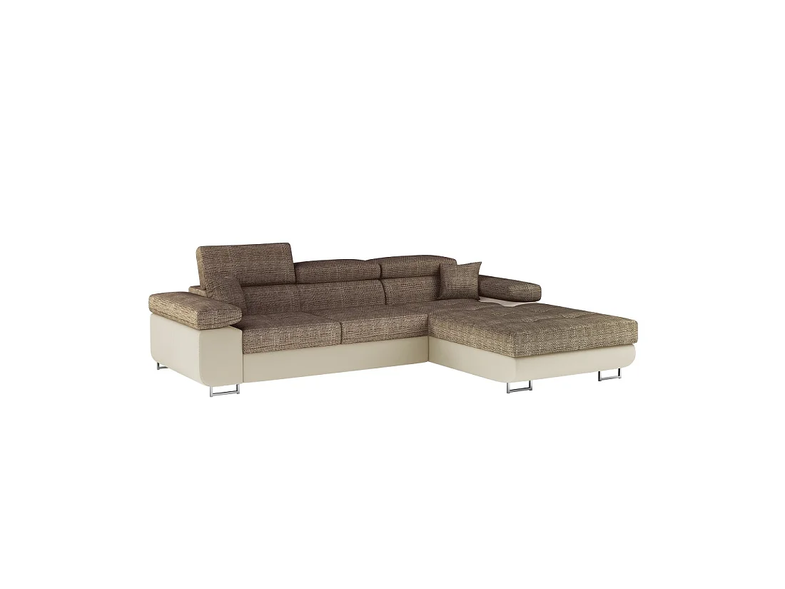 Canapé d'angle convertible AMANDA beige et crème – Tissu effet lin – Angle droit