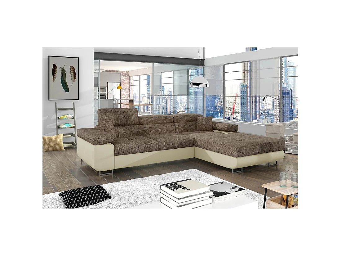 Canapé d'angle convertible AMANDA beige et crème – Tissu effet lin – Angle droit
