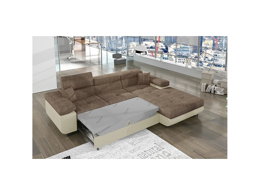 Canapé d'angle convertible AMANDA beige et crème – Tissu effet lin – Angle droit