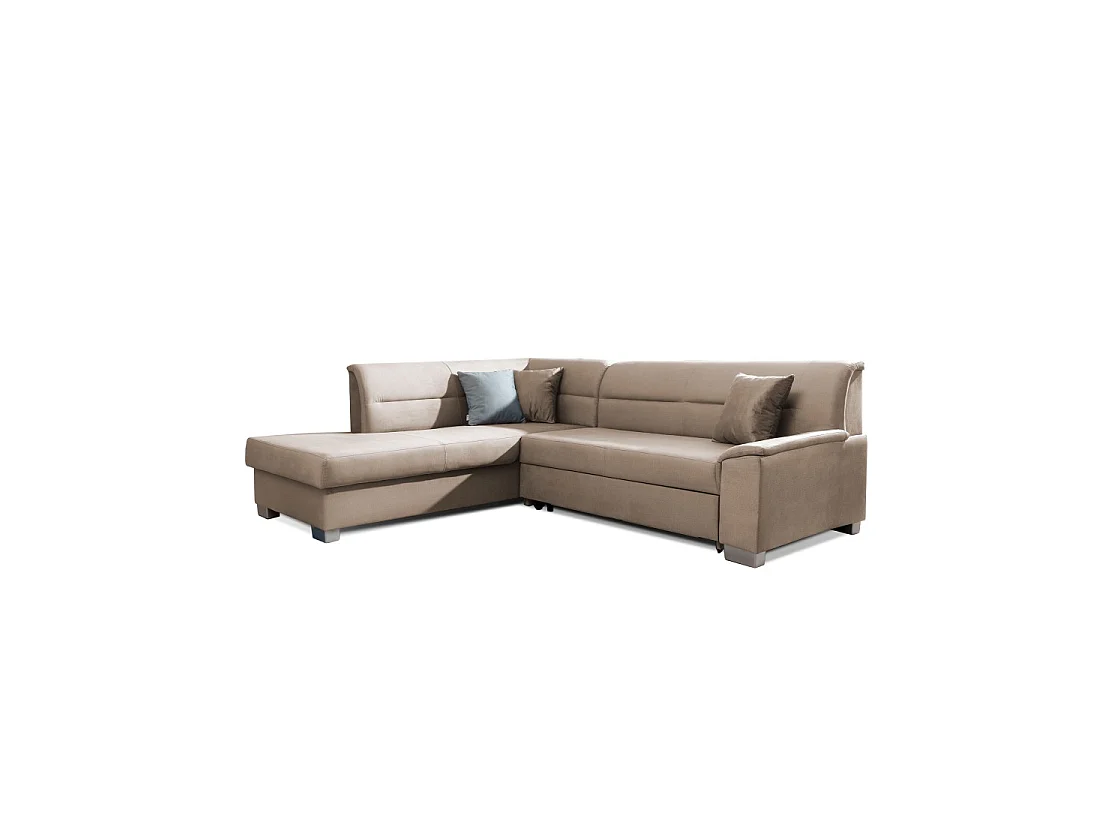 Canapé d'angle convertible TROMSO marron clair effet velours – Angle gauche avec coffre