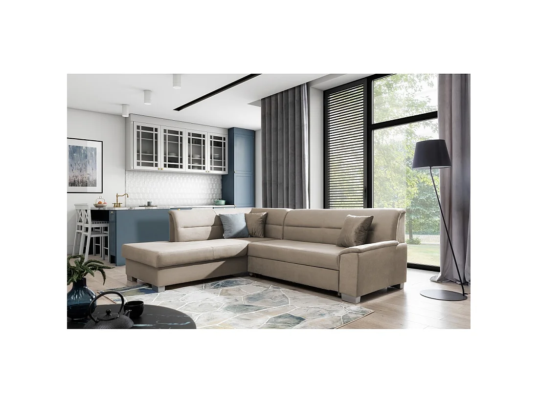 Canapé d'angle convertible TROMSO marron clair effet velours – Angle gauche avec coffre