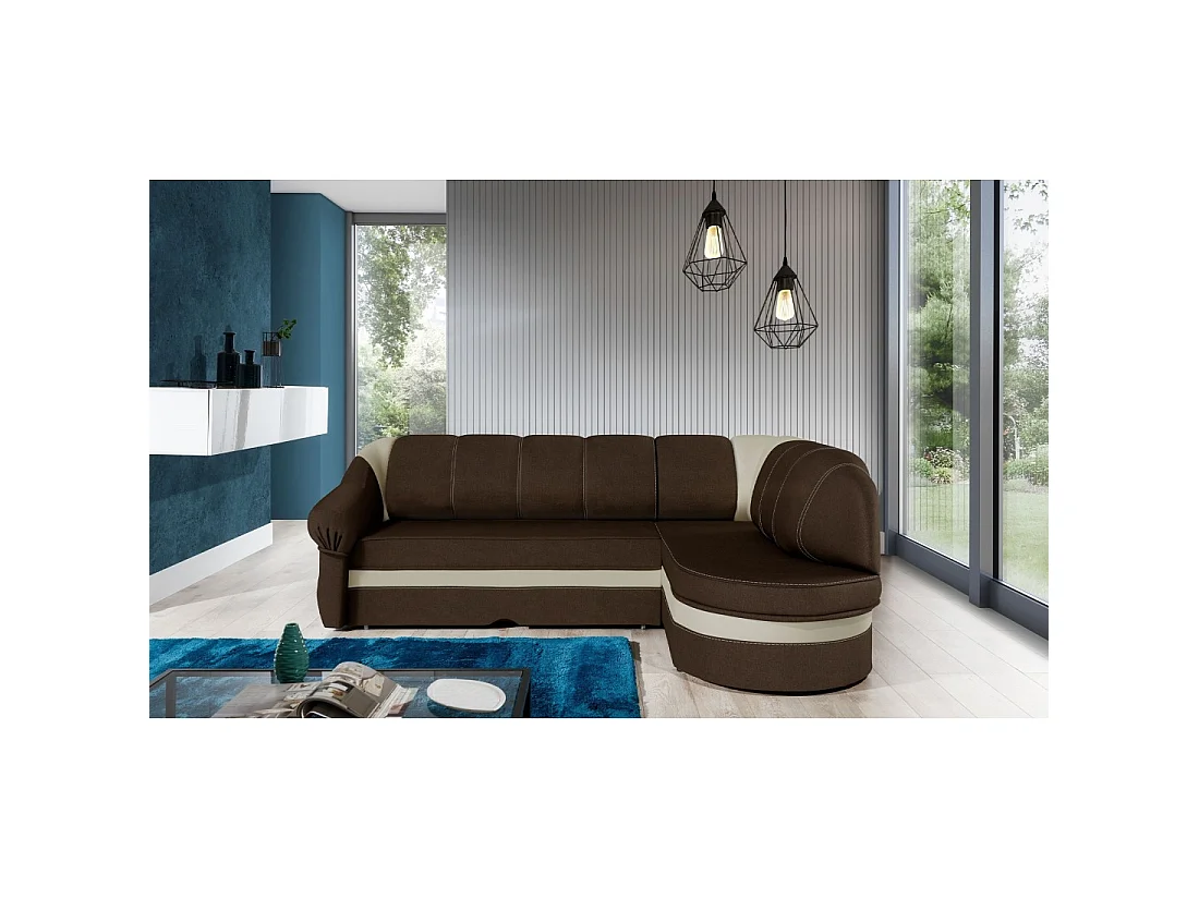 Canapé d'angle droit convertible BENANA 250 cm marron et beige avec coffre
