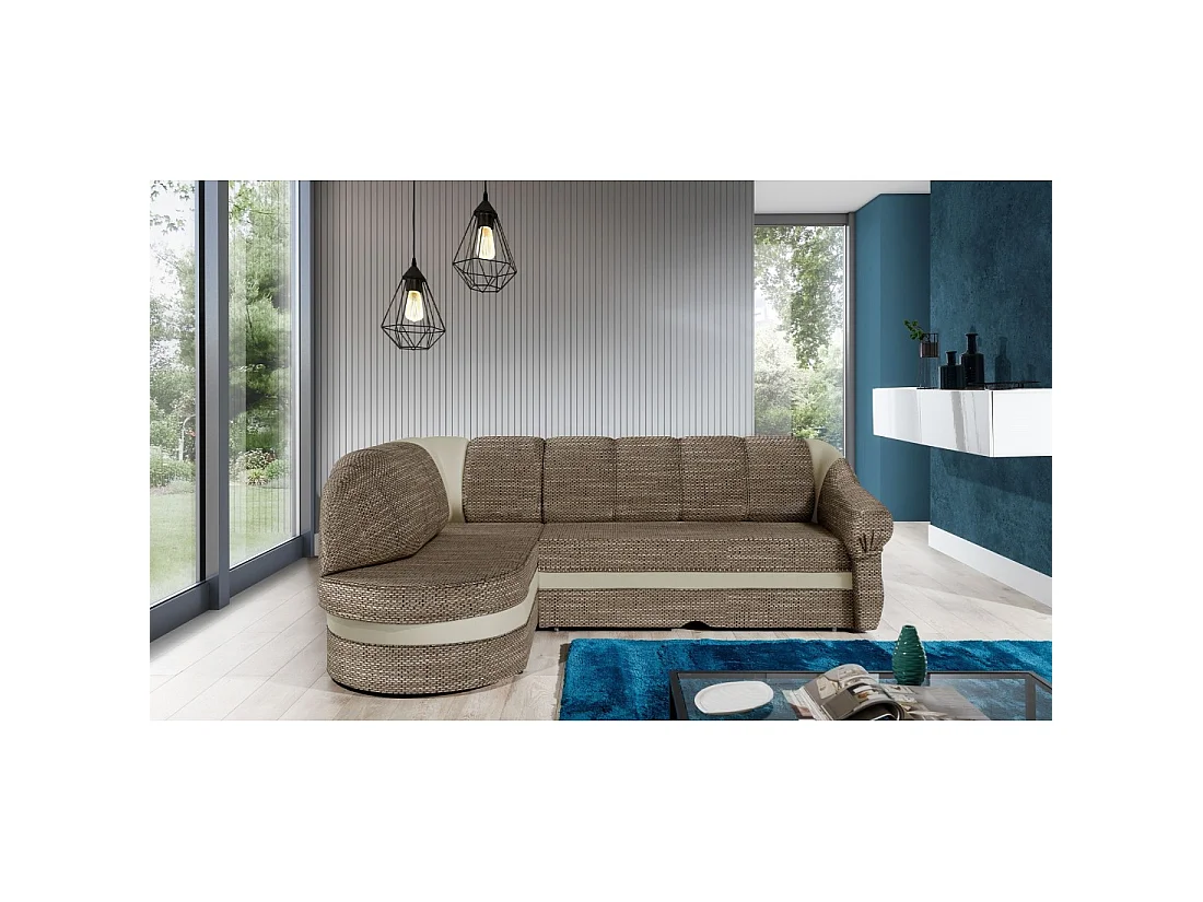Canapé d'angle gauche convertible BENANA 250 cm beige et crème avec coffre