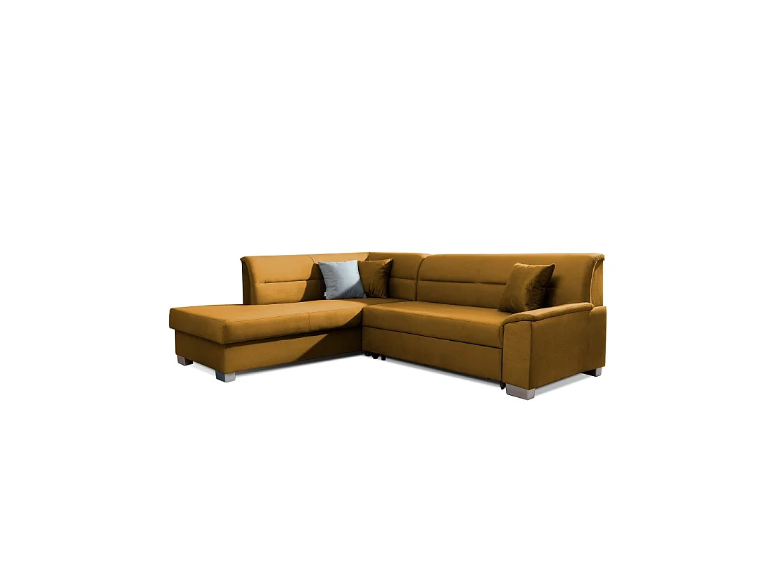 Canapé d'angle convertible TROMSO jaune orangé effet velours – Angle gauche avec coffre