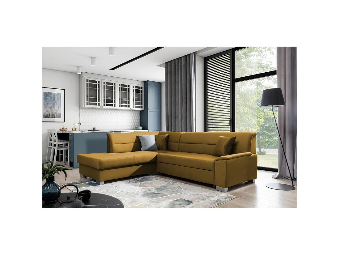 Canapé d'angle convertible TROMSO jaune orangé effet velours – Angle gauche avec coffre