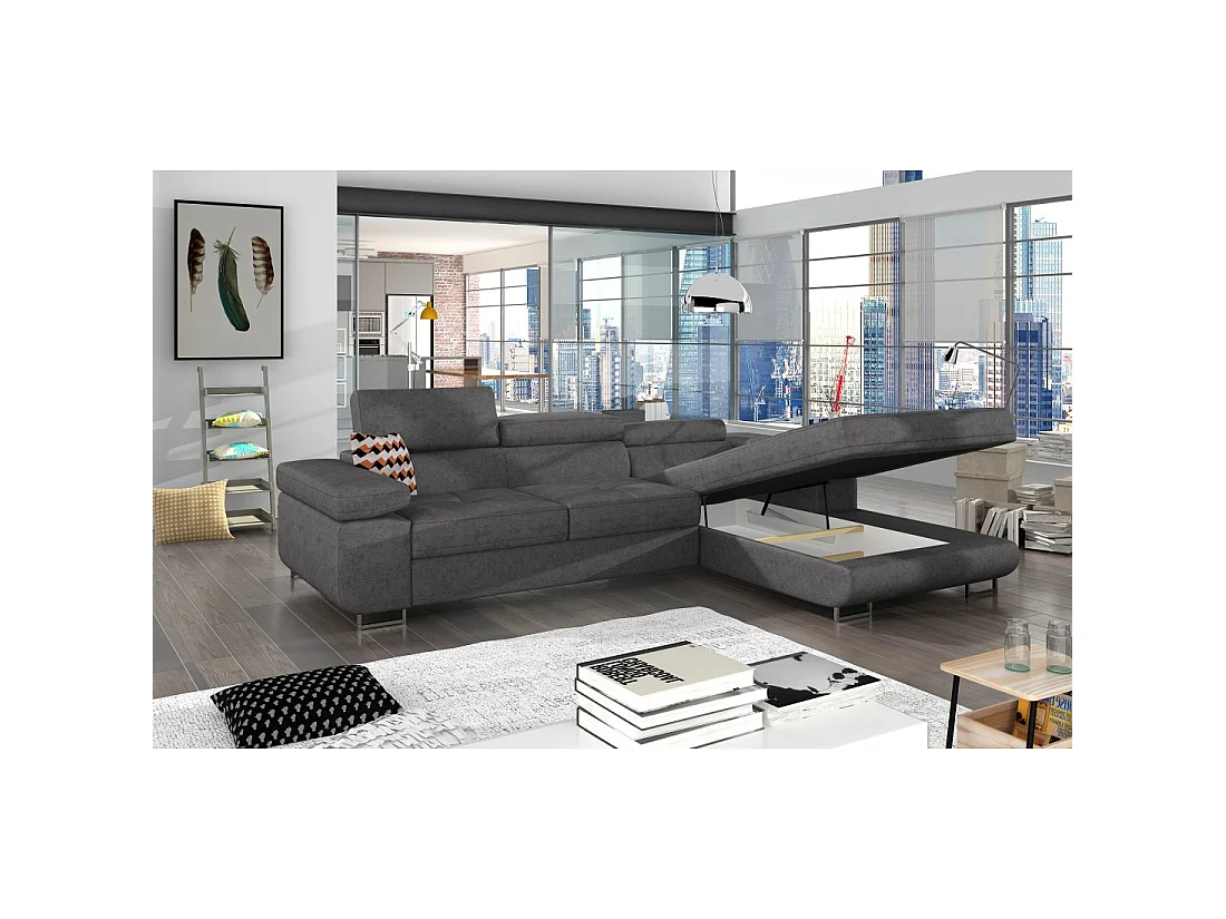 Canapé d'angle convertible AMANDA gris chiné – Tissu effet daim – Angle droit