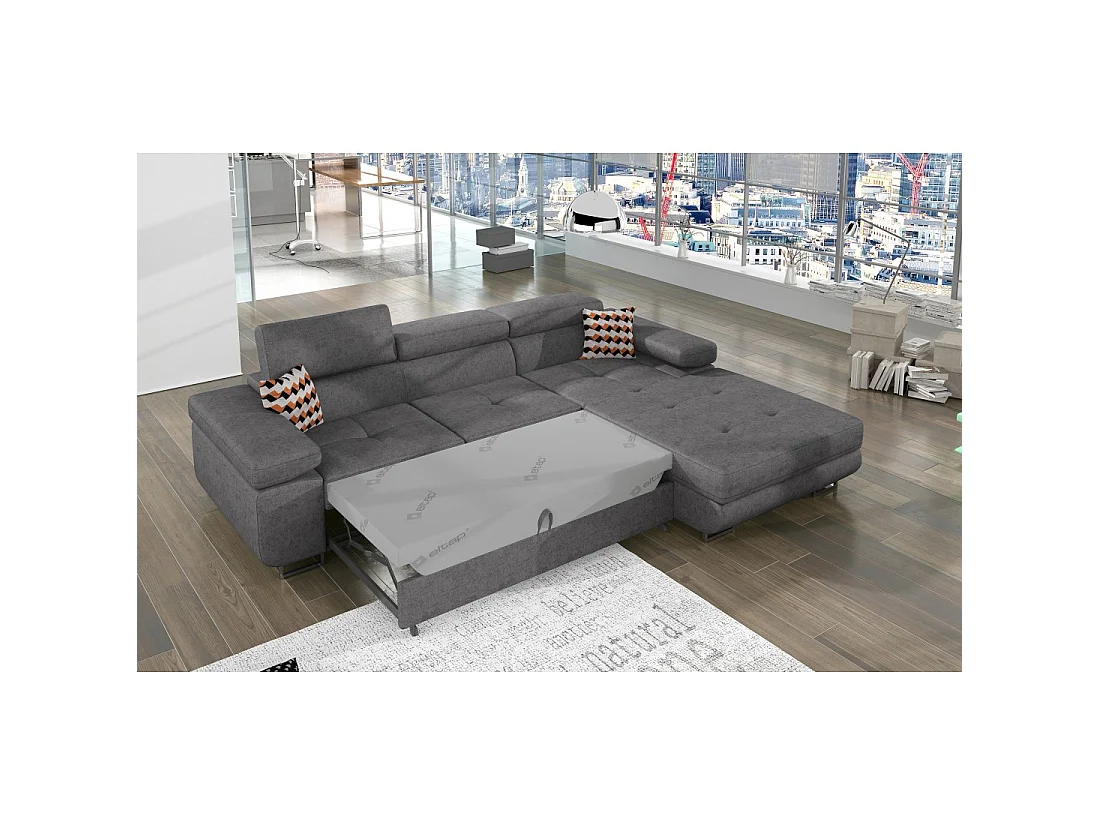 Canapé d'angle convertible AMANDA gris chiné – Tissu effet daim – Angle droit