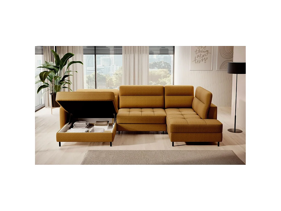 Canapé d'angle convertible BERTHO 306 cm jaune orangé – Angle gauche avec coffre