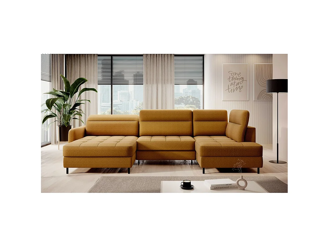 Canapé d'angle convertible BERTHO 306 cm jaune orangé – Angle gauche avec coffre