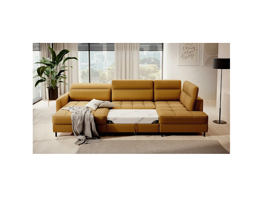 Canapé d'angle convertible BERTHO 306 cm jaune orangé – Angle gauche avec coffre