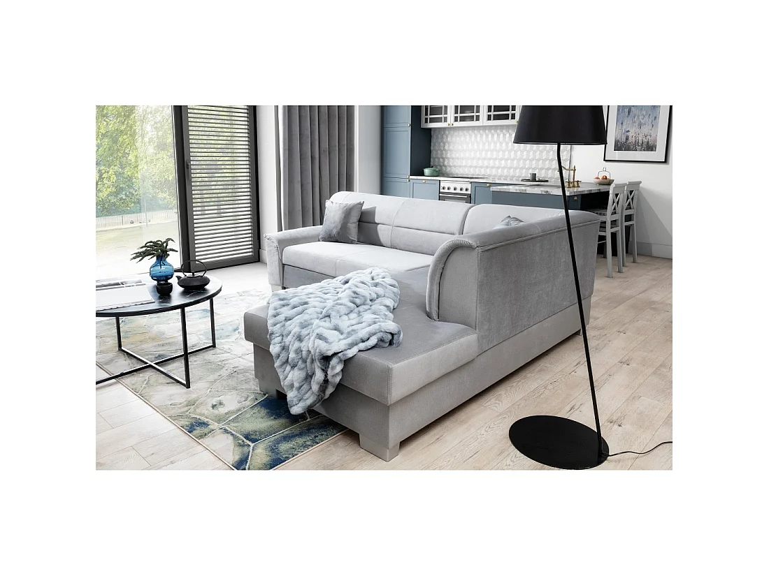 Canapé d'angle convertible TROMSO gris effet velours – Angle droit avec coffre