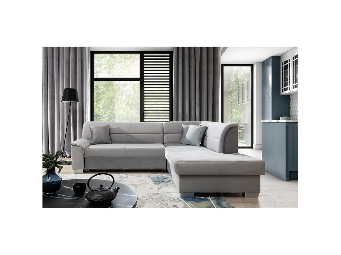 Canapé d'angle convertible TROMSO gris effet velours – Angle droit avec coffre