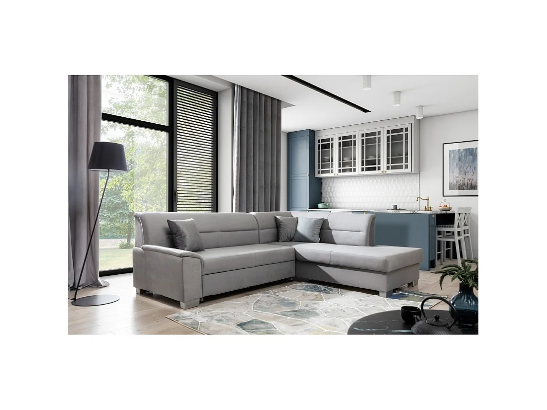 Canapé d'angle convertible TROMSO gris effet velours – Angle droit avec coffre