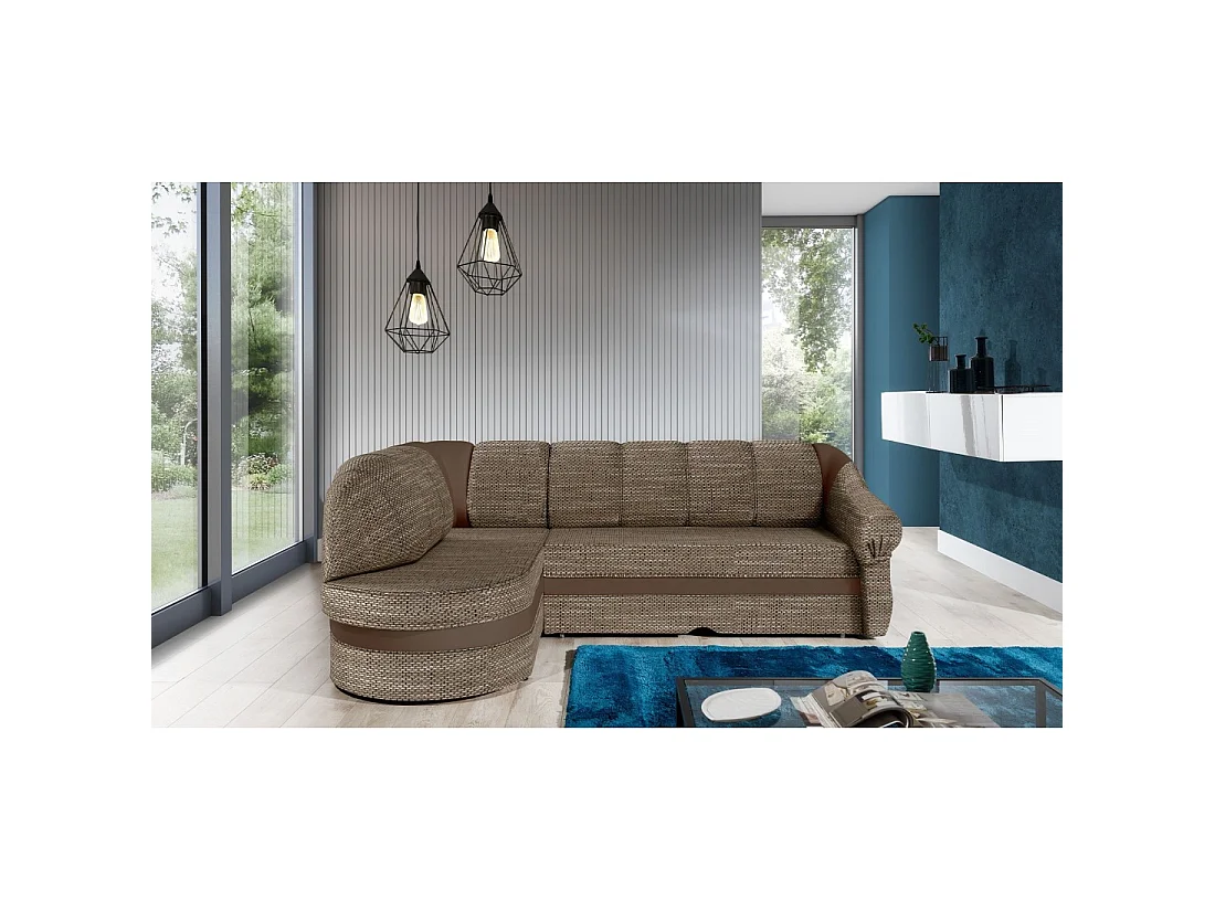 Canapé d'angle gauche convertible BENANA 250 cm beige et marron avec coffre