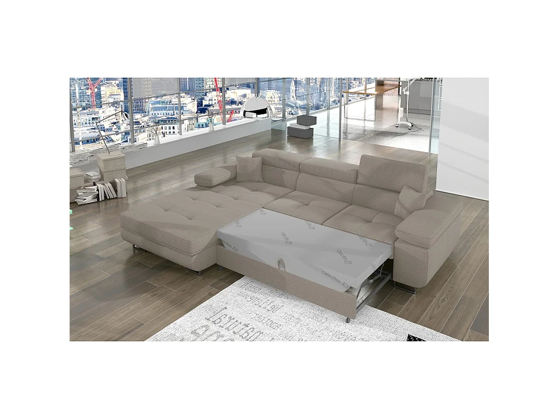 Canapé d'angle convertible AMANDA beige clair velours côtelé avec coffre gauche