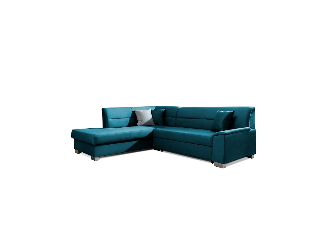 Canapé d'angle convertible TROMSO bleu foncé effet velours – Angle gauche avec coffre