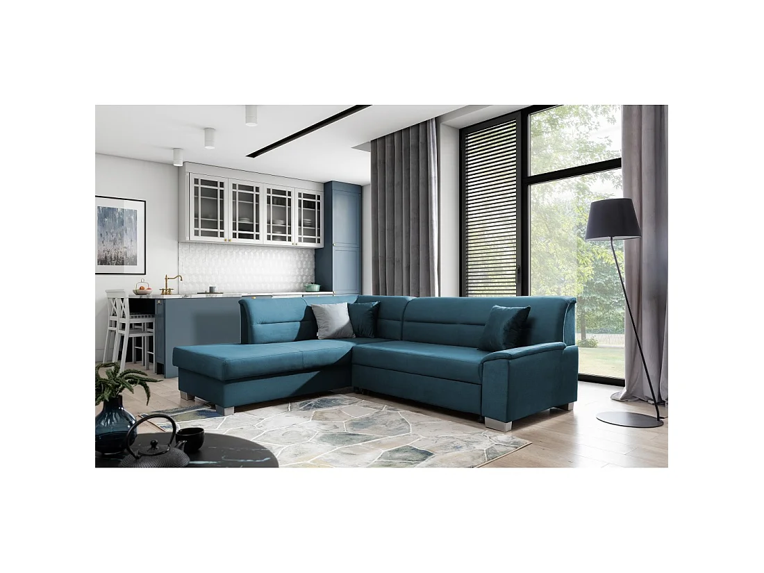 Canapé d'angle convertible TROMSO bleu foncé effet velours – Angle gauche avec coffre