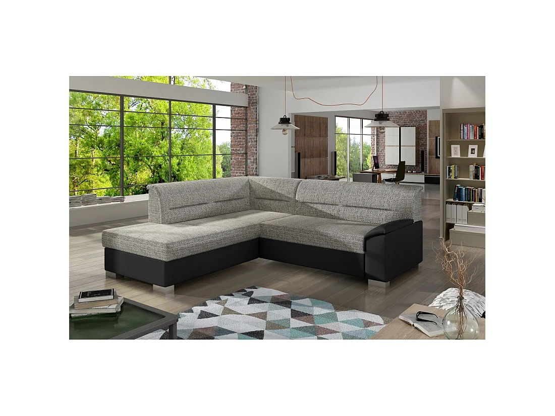 Canapé d'angle convertible TROMSO gris et noir – Angle gauche avec coffre