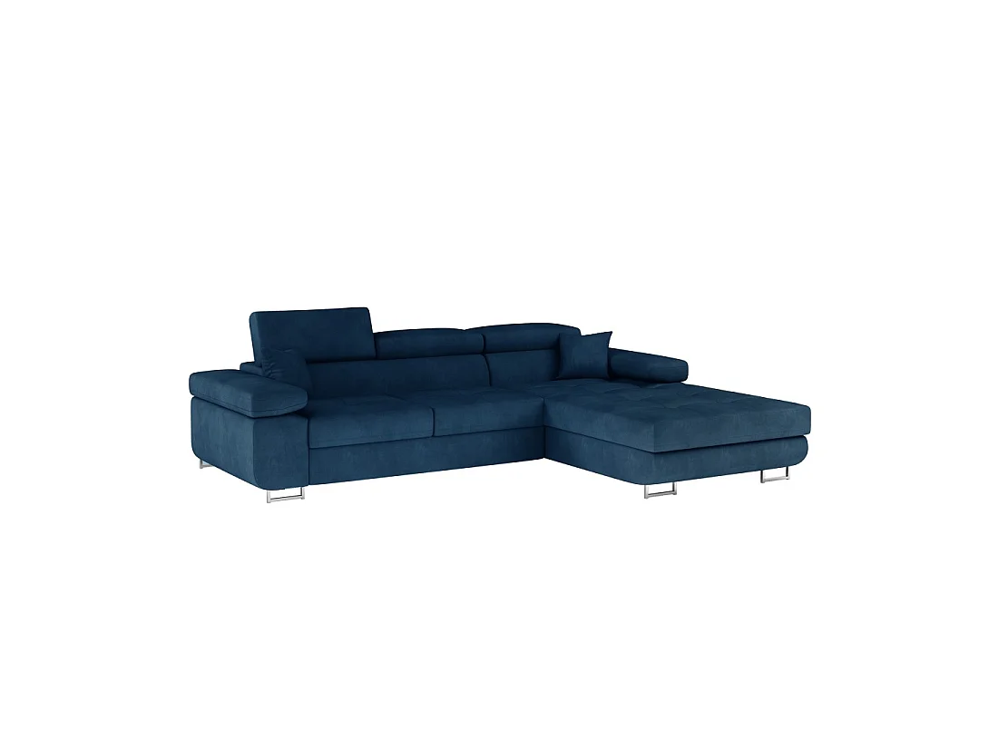 Canapé d'angle convertible AMANDA bleu foncé en tissu tramé fin avec coffre