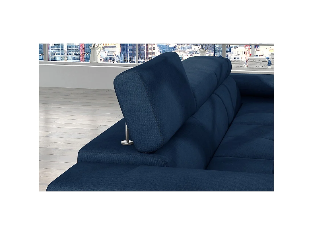 Canapé d'angle convertible AMANDA bleu foncé en tissu tramé fin avec coffre