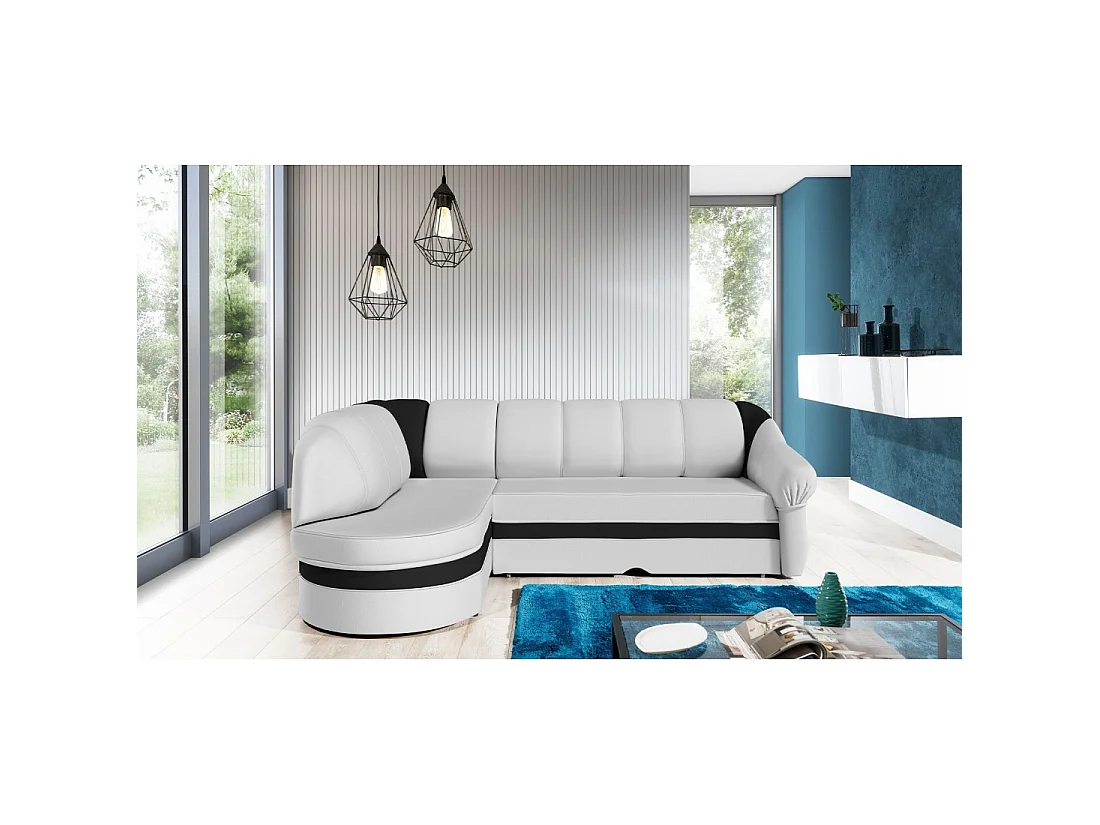 Canapé d'angle gauche convertible BENANA 250 cm blanc et noir avec coffre