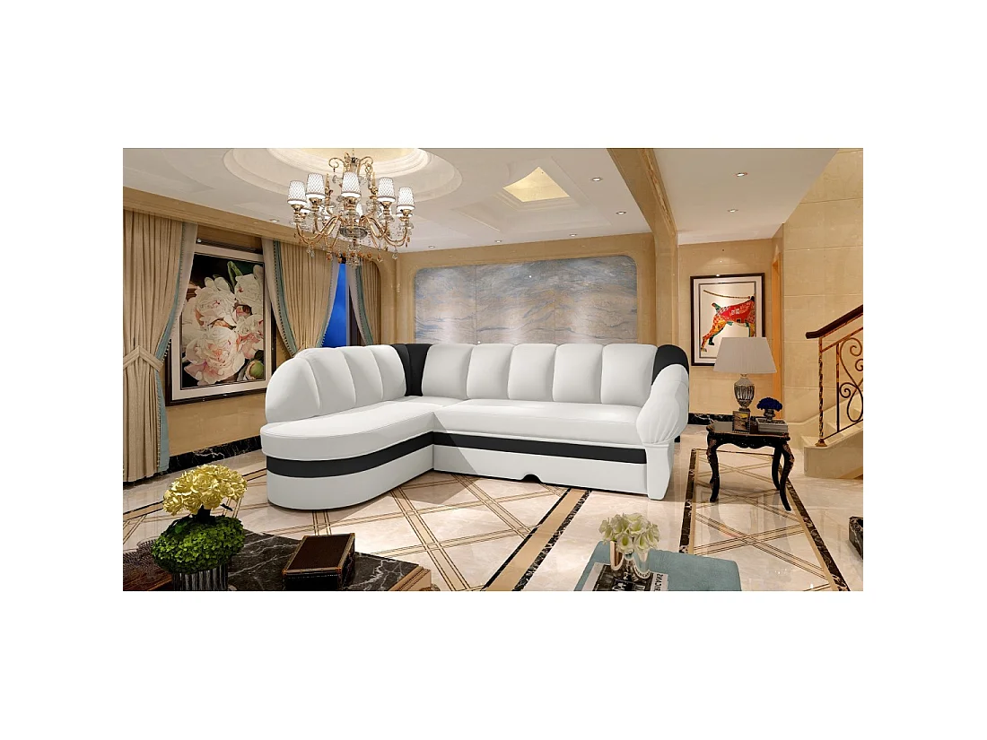 Canapé d'angle gauche convertible BENANA 250 cm blanc et noir avec coffre