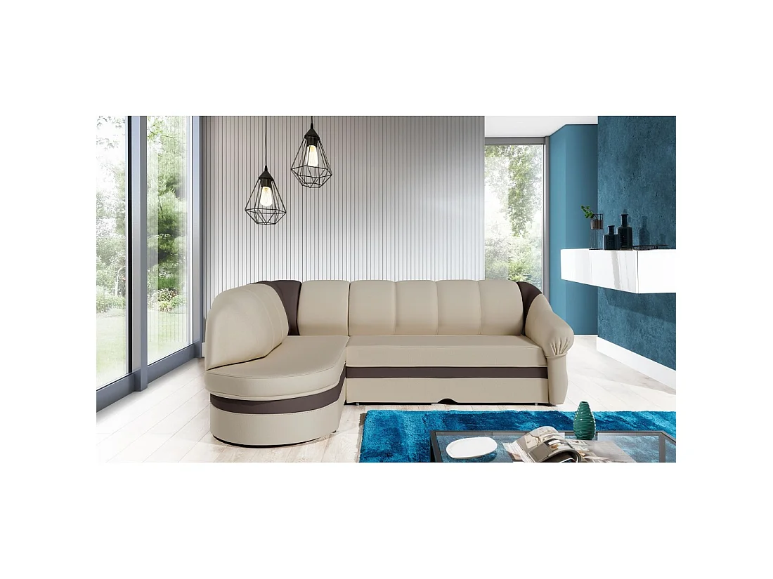 Canapé d'angle gauche convertible BENANA 250 cm crème et marron avec coffre