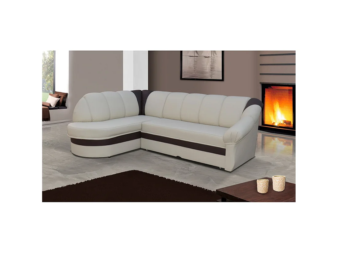 Canapé d'angle gauche convertible BENANA 250 cm crème et marron avec coffre