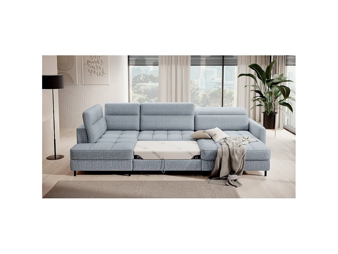 Canapé d'angle convertible BERTHO 306 cm bleu gris effet chiné – Angle droit avec coffre