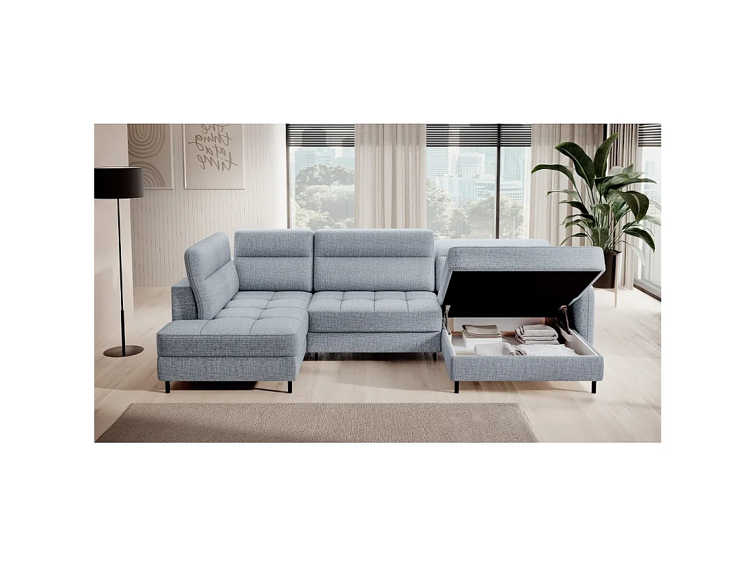 Canapé d'angle convertible BERTHO 306 cm bleu gris effet chiné – Angle droit avec coffre