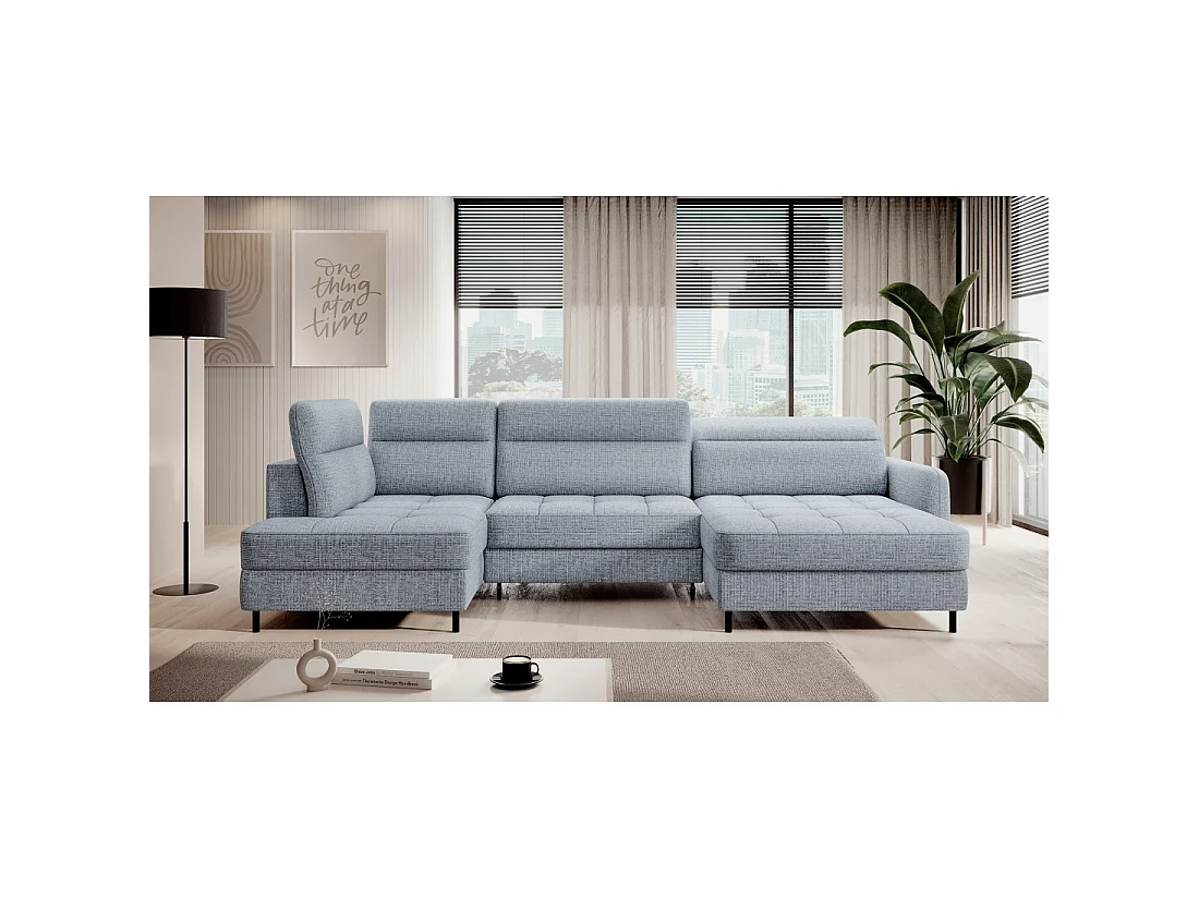 Canapé d'angle convertible BERTHO 306 cm bleu gris effet chiné – Angle droit avec coffre