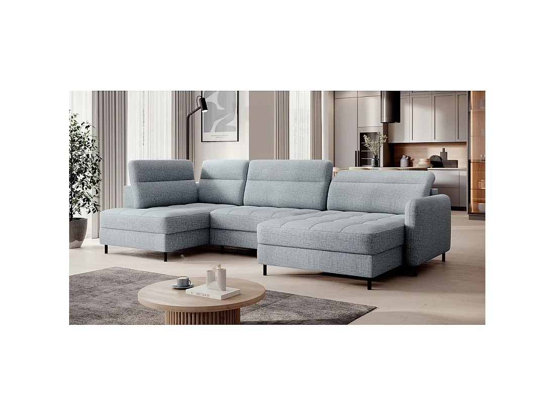 Canapé d'angle convertible BERTHO 306 cm bleu gris effet chiné – Angle droit avec coffre