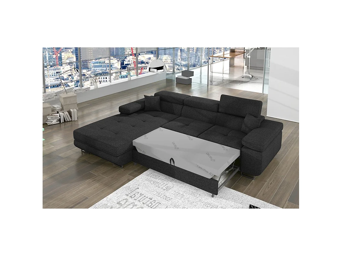 Canapé d'angle convertible AMANDA gris foncé chenille tissée avec coffre
