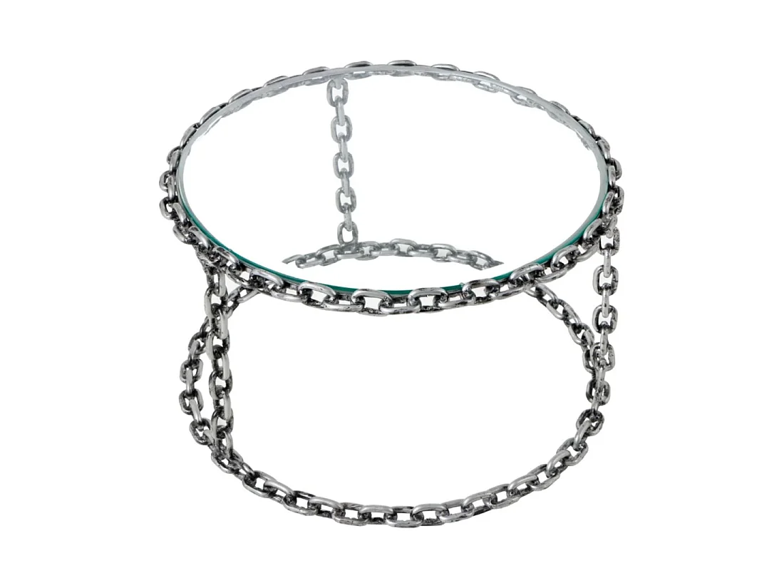 Mesa baja redonda FORGIA 63 cm en vidrio templado y estructura de cadenas metálicas plateadas