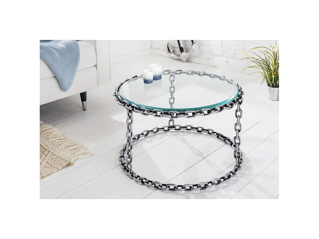 Mesa baja redonda FORGIA 63 cm en vidrio templado y estructura de cadenas metálicas plateadas