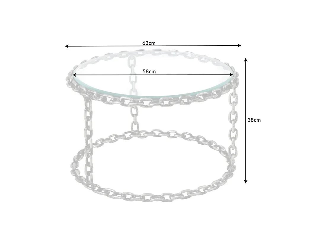 Mesa baja redonda FORGIA 63 cm en vidrio templado y estructura de cadenas metálicas plateadas