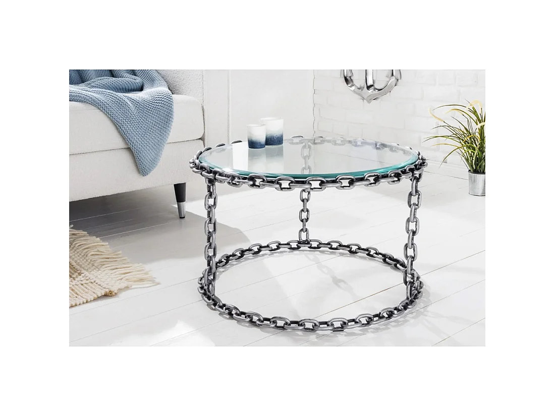 Mesa baja redonda FORGIA 63 cm en vidrio templado y estructura de cadenas metálicas plateadas