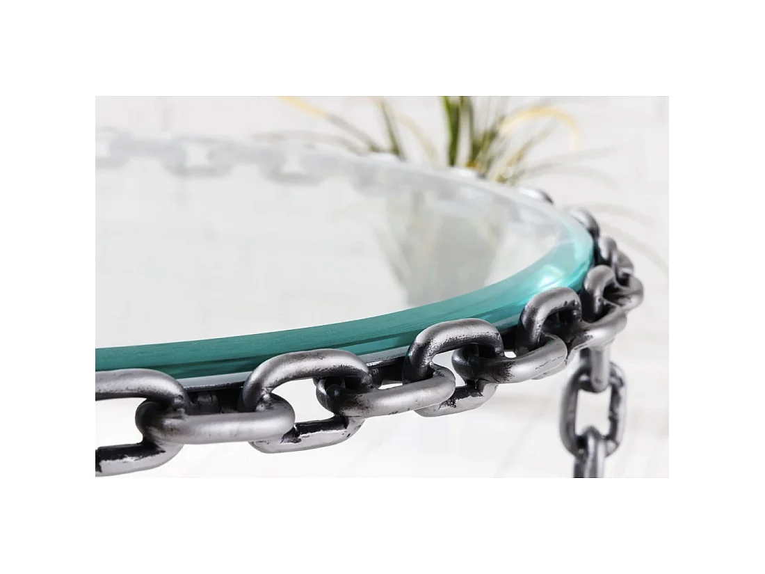 Mesa baja redonda FORGIA 63 cm en vidrio templado y estructura de cadenas metálicas plateadas