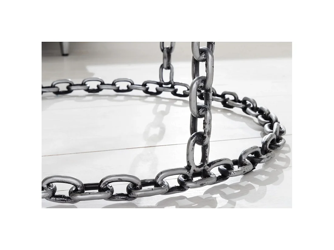Mesa baja redonda FORGIA 63 cm en vidrio templado y estructura de cadenas metálicas plateadas
