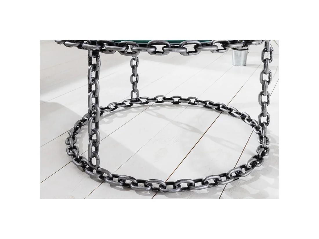 Mesa baja redonda FORGIA 63 cm en vidrio templado y estructura de cadenas metálicas plateadas
