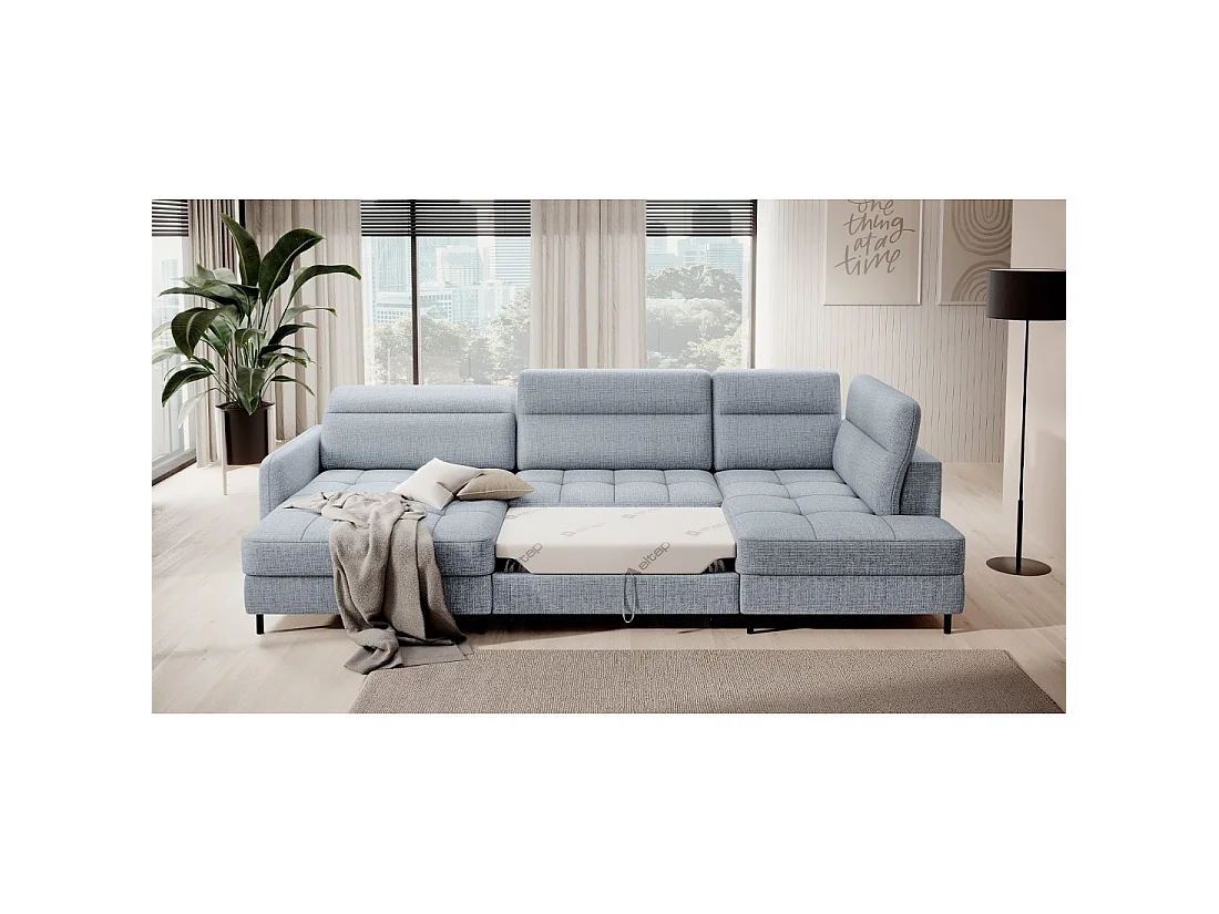 Canapé d'angle convertible BERTHO 306 cm bleu gris – Angle gauche avec coffre