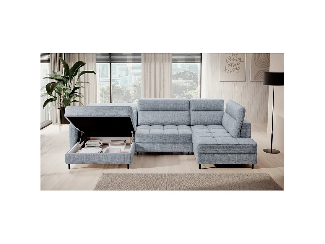 Canapé d'angle convertible BERTHO 306 cm bleu gris – Angle gauche avec coffre