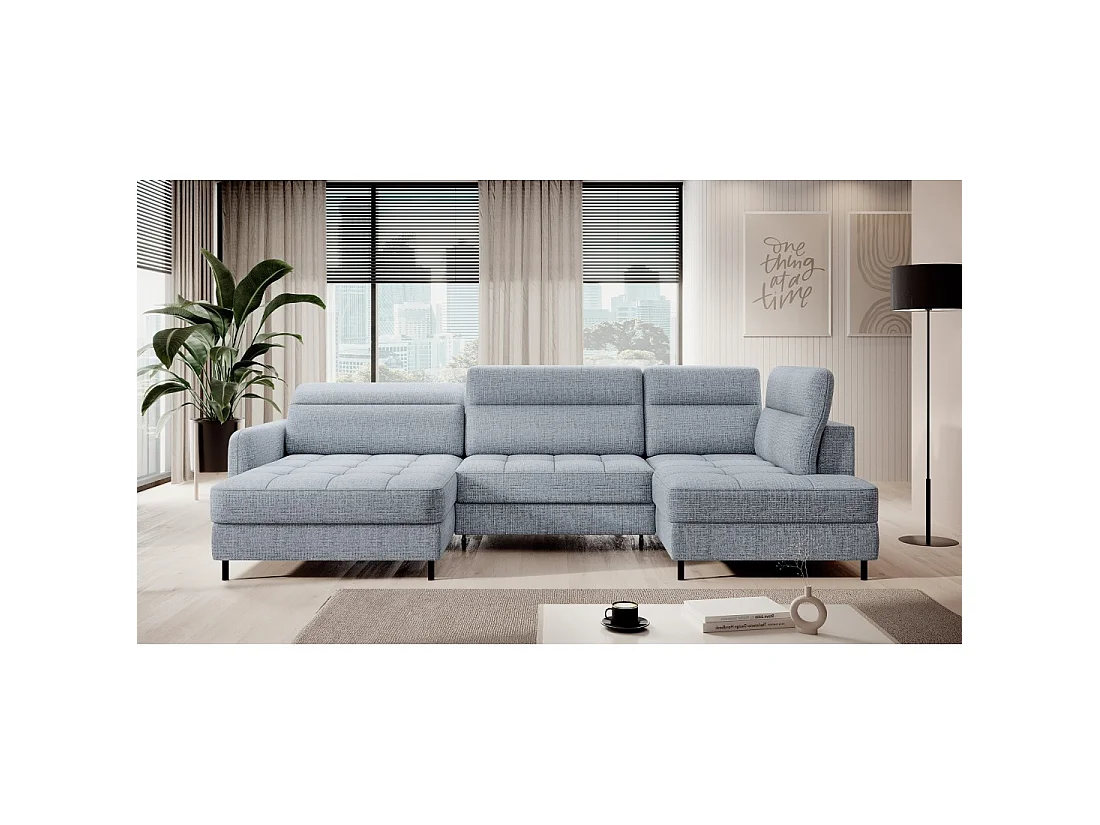Canapé d'angle convertible BERTHO 306 cm bleu gris – Angle gauche avec coffre