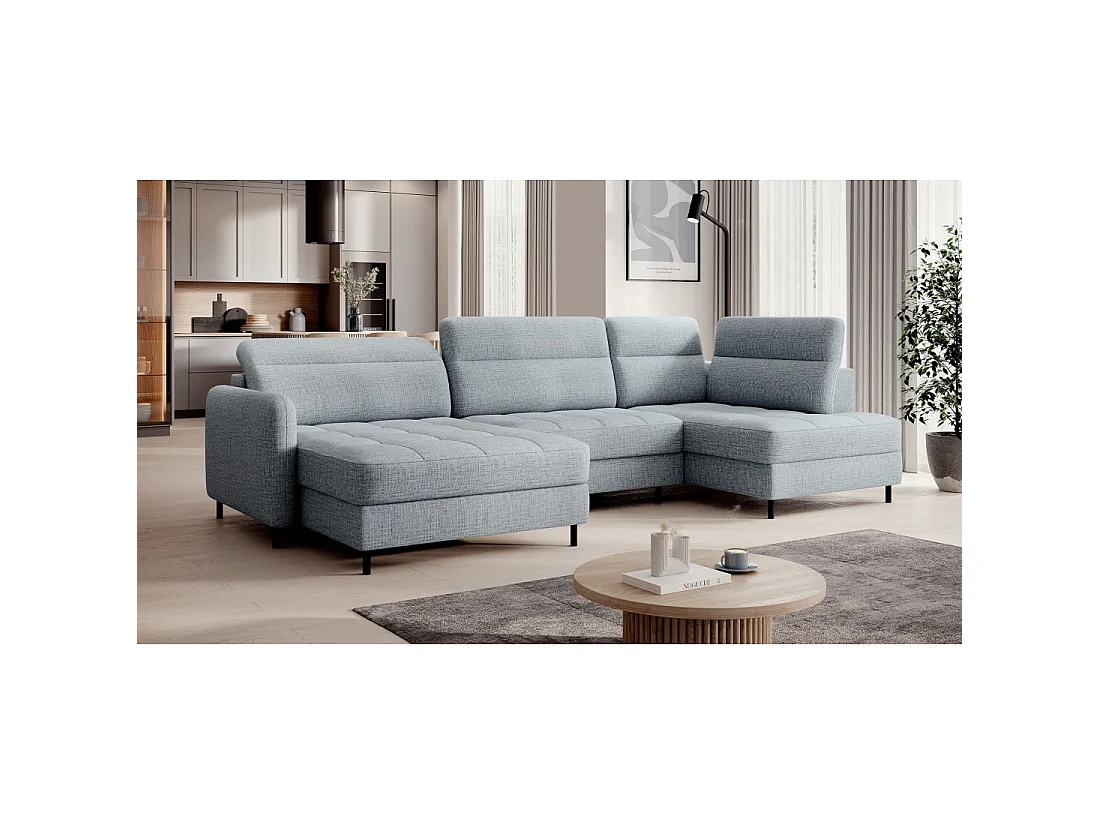 Canapé d'angle convertible BERTHO 306 cm bleu gris – Angle gauche avec coffre