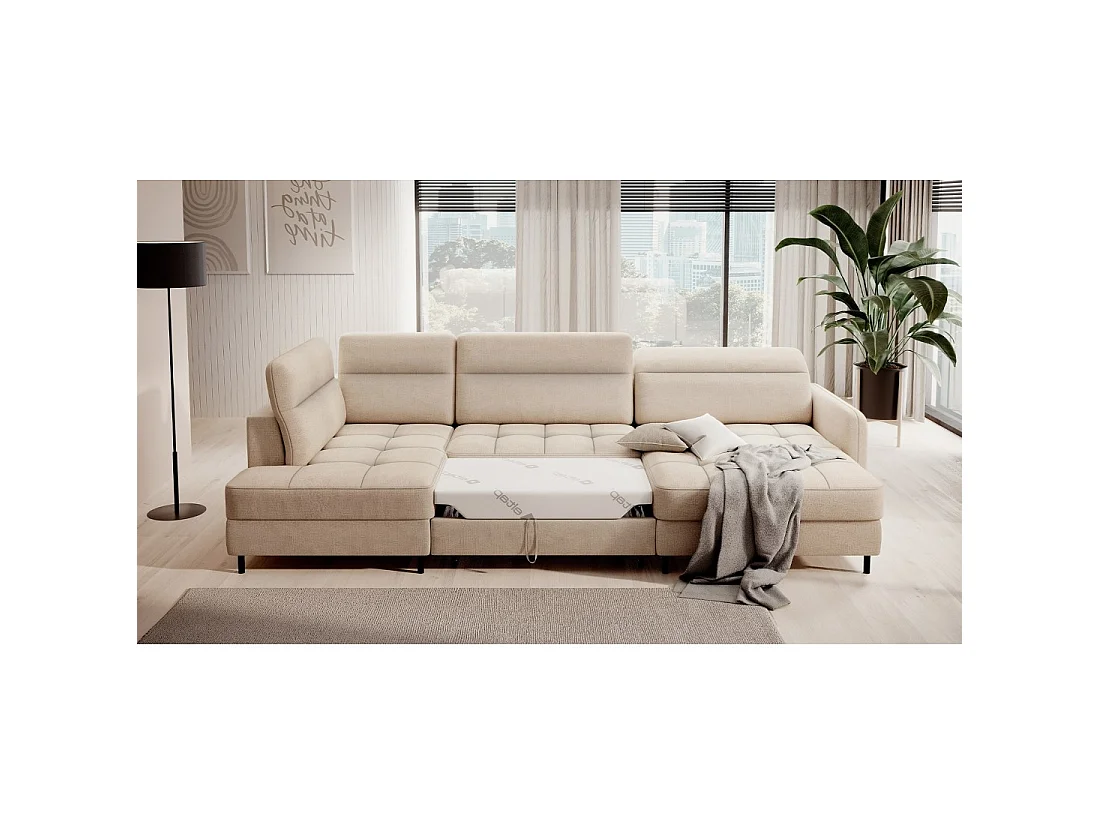 Canapé d'angle convertible BERTHO 306 cm beige crème chenillé – Angle droit avec coffre